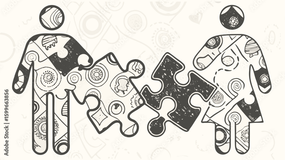 Obraz premium Man and woman puzzle pieces connecting together with doodle art inside the shapes on a white background silhouette