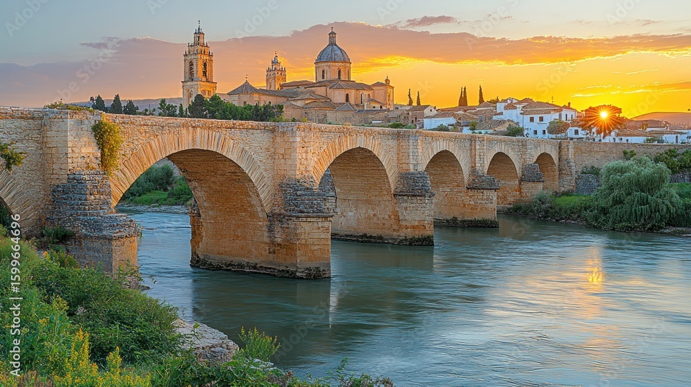 Ancient stone bridge over a river at sunset Ancient stone bridge over a river at sunset