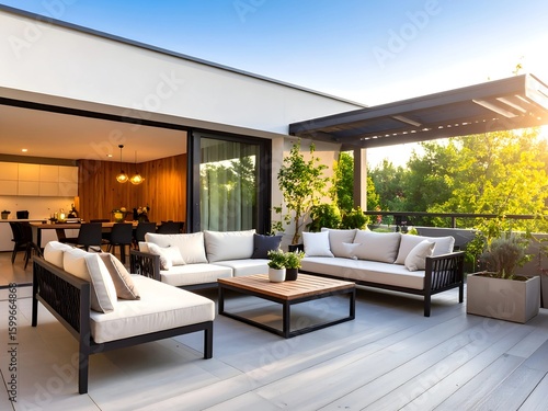 A Stylish Outdoor Patio Lounge with Modern Wicker Furniture and a Pergola, AI Generated