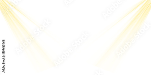 Two golden yellow light rays shining down. A subtle spotlight effect for adding a warm glow or highlighting content. Isolated on transparent background for creative design, PNG cutout.