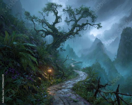 Pixelated Rainswept Mountain Path