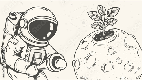 An astronaut stands near a planet with a plant growing on it in a stylized line drawing style silhouette