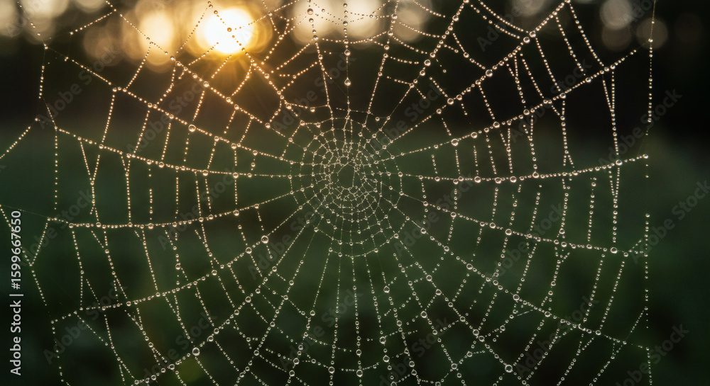 Obraz premium A delicate spiderweb covered in glistening dew drops, with a golden sunrise glowing softly in the background.