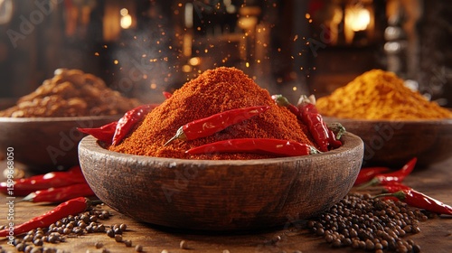 Wallpaper Mural Aromatic chili powder in wooden bowl surrounded by other spices Torontodigital.ca