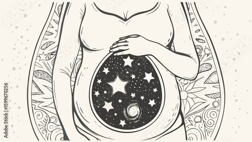 Sketch of pregnant woman holding belly with stars and galaxy inside and floral decorations around silhouette