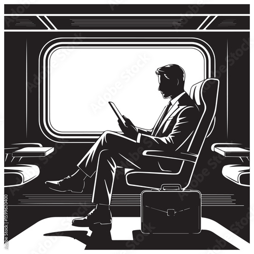 Silhouette of a businessman in a suit reading a tablet while traveling by train with a large window view