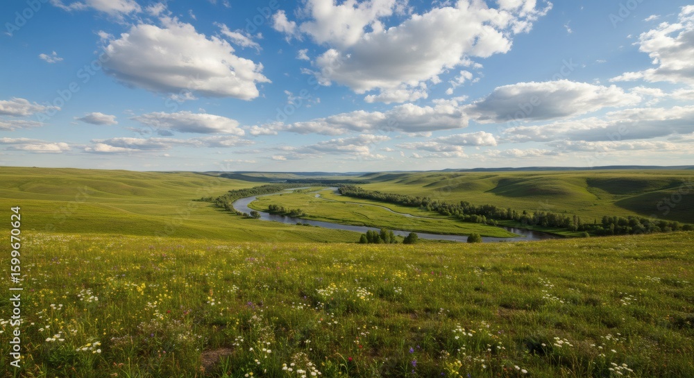 Fototapeta premium Wide Open Natural Landscape with Rolling Green Hills and Blue Sky – Peaceful Countryside Scenery with Scattered Clouds, Ideal for Nature, Travel, and Outdoor Themes, High-Resolution Photography