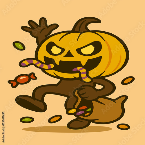 Jumping pumpkin with glowing eyes, candy worms crawling from its mouth, hurling candies from a sack in a creepy-cute cartoon style.