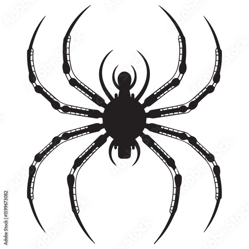 Silhouette of a large black spider with long hairy legs and a segmented body in a spooky grunge artistic style