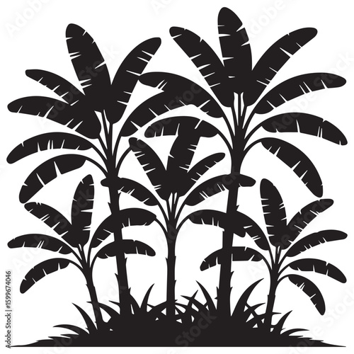 Silhouette of a lush tropical jungle scene featuring multiple banana trees with large leaves and dense undergrowth against a white background