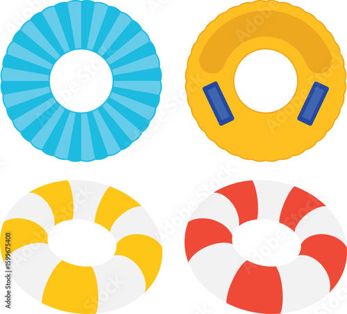 Colorful inflatable swim rings set in flat vector style for summer beach design and poolside decoration