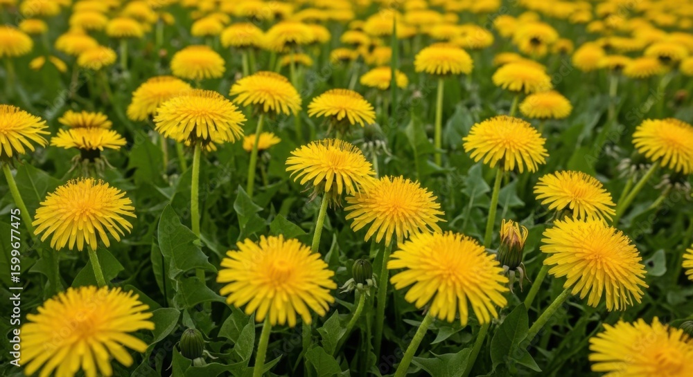 Fototapeta premium A Field of Bright Yellow Dandelion Flowers Blooming in Green Grass