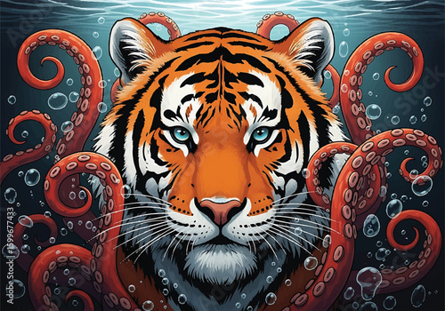 Tiger lines art wrapping with squid tentacles for decorate new products. wildlife, biological, draw, dangerous, natural, elegant, terrifying, arrogant, cat, animal, squid, art, beauty, fashion .