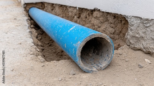 Wallpaper Mural A blue plastic pipe lies in a trench dug in the ground next to a wall, the pipe appears weathered and used, part of construction. Torontodigital.ca