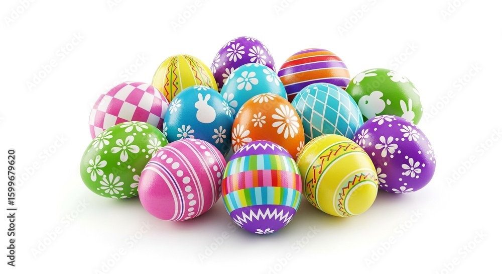 Fototapeta premium Vibrant collection of decorated Easter eggs with various patterns and colors arranged on a white background
