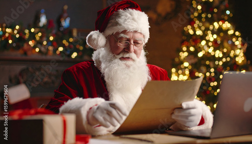 Santa reads letters with Christmas eve.