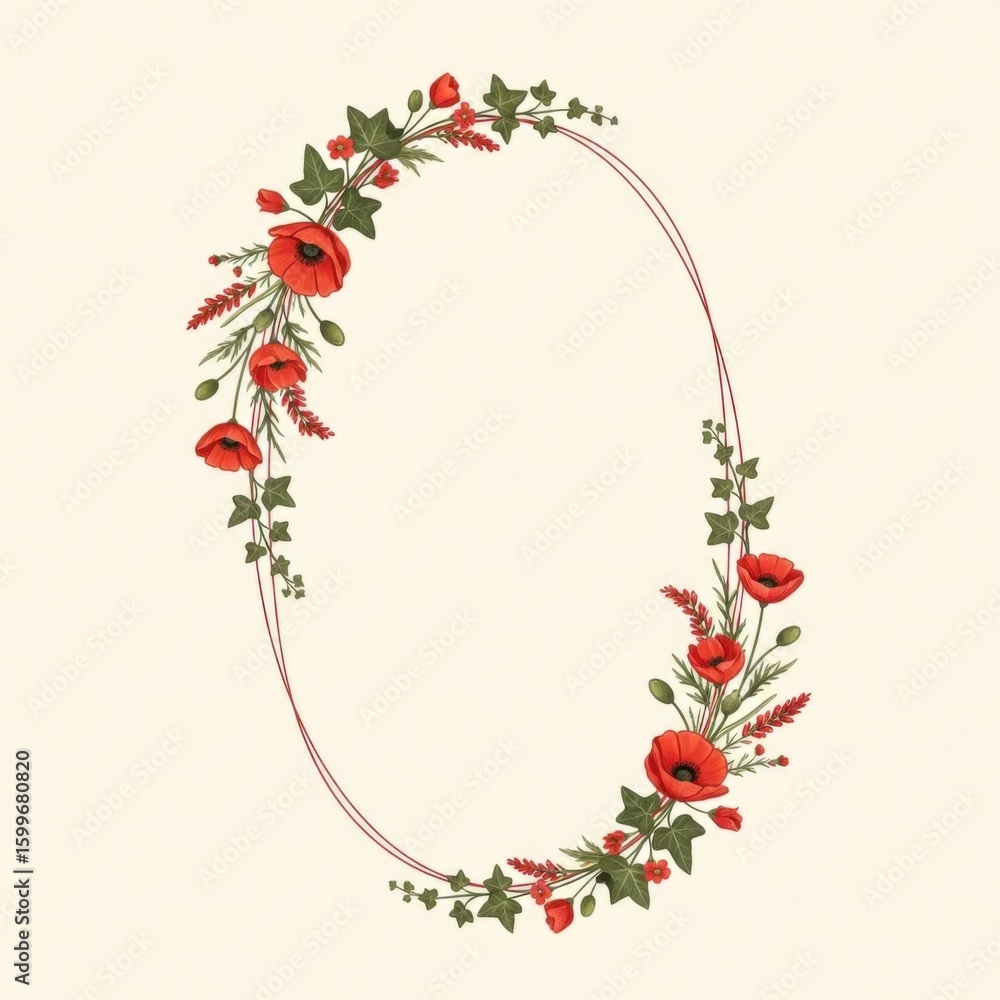Naklejka premium Elegant Oval Floral Frame with Red Poppies and Greenery on a Cream Background