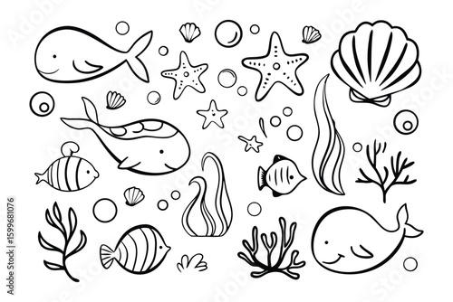Underwater Doodle Delight: A charming collection of hand-drawn sea creatures, creating a playful underwater world.