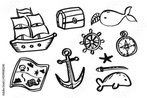 Hand-Drawn Pirate Elements: An enchanting array of hand-drawn pirate elements, inviting exploration and adventure
