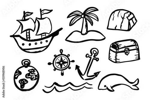 Adventure's Sketch: A captivating sketch depicting classic nautical and adventure elements, inviting imagination. 