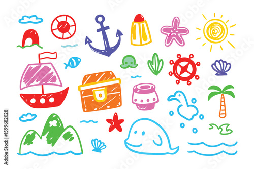Kid's sea world Drawing: A lively illustration of the ocean's enchantment comes to life. Vivid drawings featuring charming sea life, a sailboat, and a treasure chest.