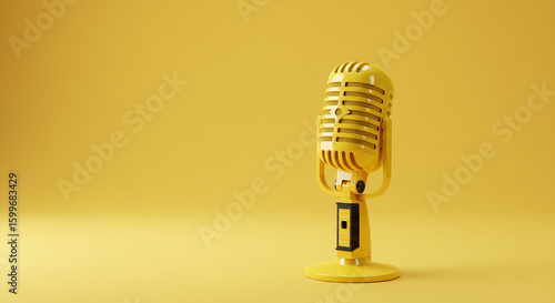 Glossy Yellow Retro Microphone on Yellow Background: Studio Recording Concept.