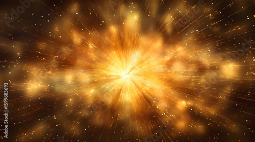 Abstract golden burst of light background with sparkling particles and rays