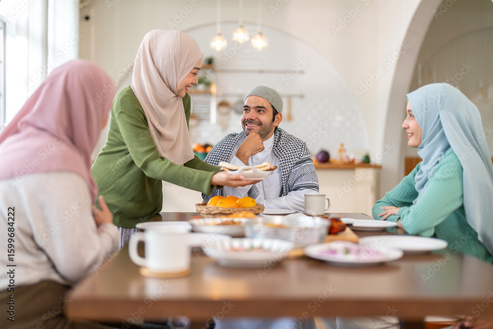 Muslim big family sharing traditional meal together around dining table wearing hijabs and kufi in cultural love, ramadan iftar celebration, eid al-fitr festive, halal meal gathering food culture Muslim big family sharing traditional meal together around dining table wearing hijabs and kufi in cultural love, ramadan iftar celebration, eid al-fitr festive, halal meal gathering food culture