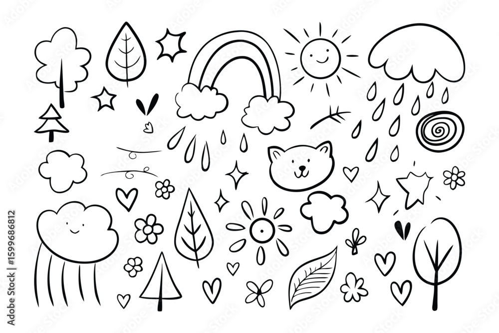 Fototapeta premium Whimsical Doodle Collection: A charming collection of hand-drawn doodle elements, each imbued with its own unique character. From fluffy clouds and beaming suns to sparkling stars.
