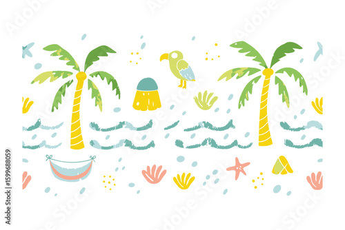 Tropical Paradise Illustration: A whimsical illustration depicting a tropical paradise scene, featuring vibrant palm trees, gentle ocean waves, and playful elements.