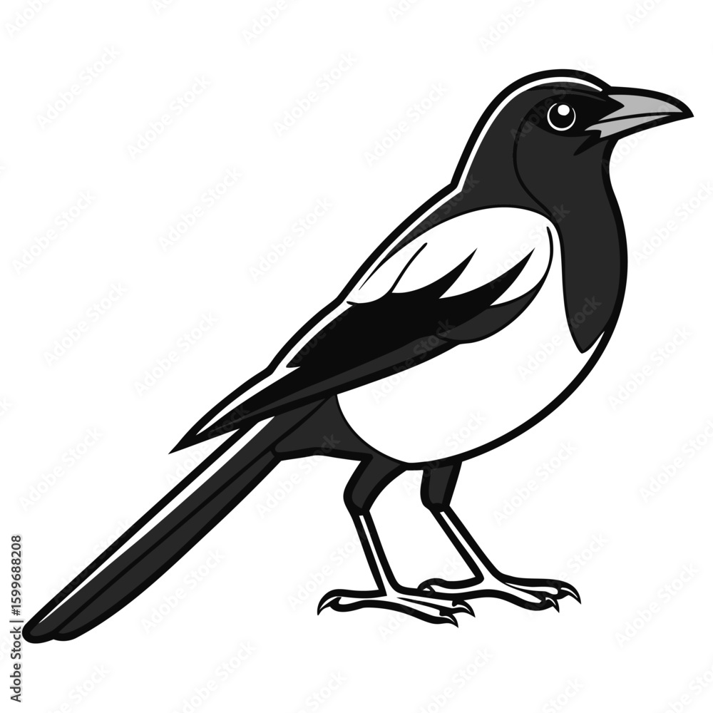 Obraz premium Black and White Cartoon Magpie Vector Illustration 1