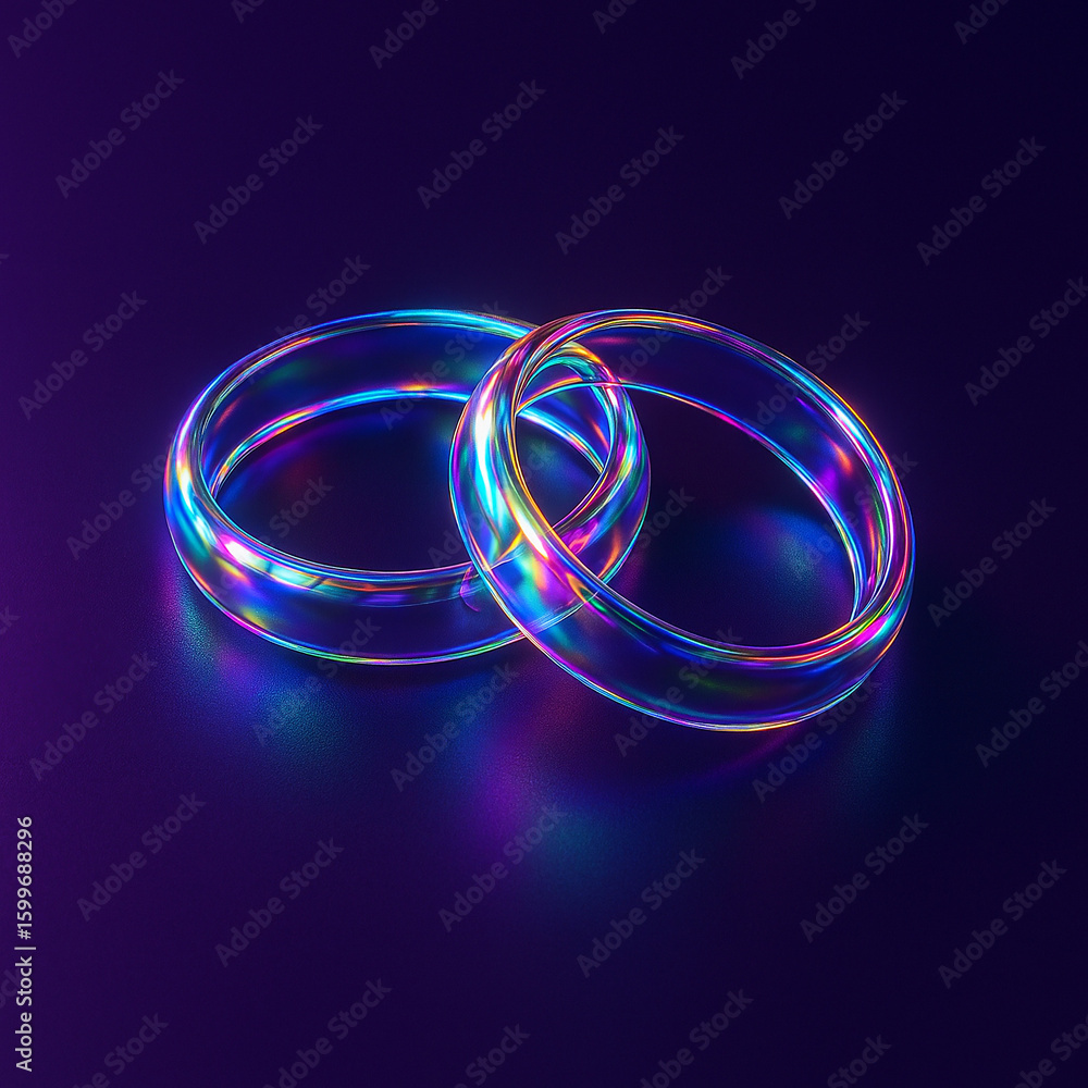 Futuristic Iridescent Couple Rings Illustration. High Resolution Image of Photorealistic 3D Render, Glass Textured Object with Transparent and Iridescent Effect. Futuristic Iridescent Couple Rings Illustration. High Resolution Image of Photorealistic 3D Render, Glass Textured Object with Transparent and Iridescent Effect.