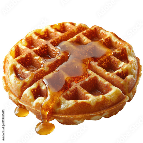 Delicious golden brown waffle topped with melting butter and dripping syrup isolated on transparent background