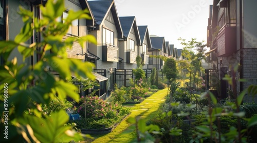 Fototapeta Naklejka Na Ścianę i Meble -  Row of suburban buildings with small gardens stock photo --ar 16:9 --raw --v 6 Job ID: 0d14f8bd-4906-4c70-ba59-78c7d65d5223