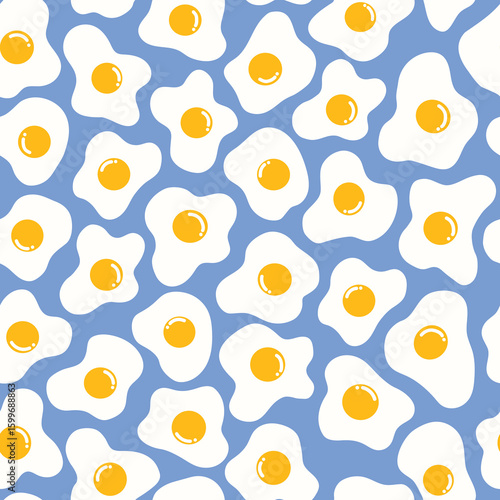 Background pattern seamless eggs on blue vector art egg fried breakfast meal cute wrapping paper fabric textile