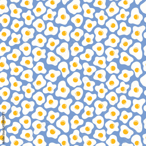 Background pattern seamless eggs on blue vector art egg fried breakfast meal cute wrapping paper fabric textile