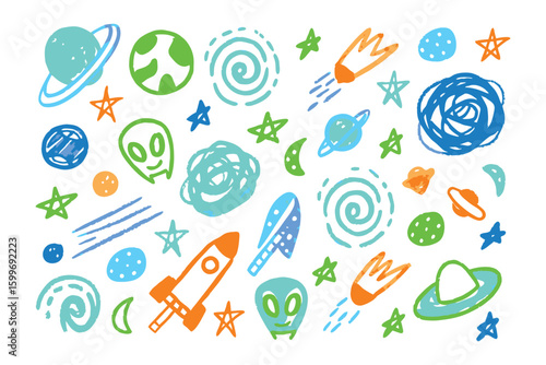 Cosmic Doodle: Playful hand-drawn illustration of planets, stars, rockets, and aliens in a whimsical display of intergalactic wonder.