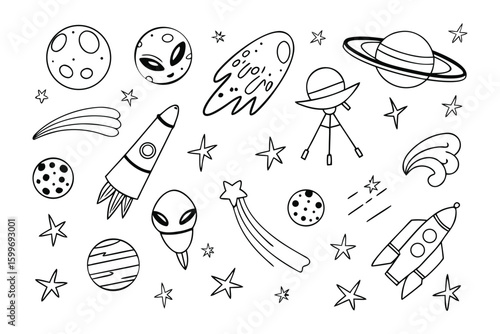 Cosmic Doodle: A captivating black and white illustration showcases a whimsical space scene, featuring various celestial elements that ignite curiosity and inspire imagination.