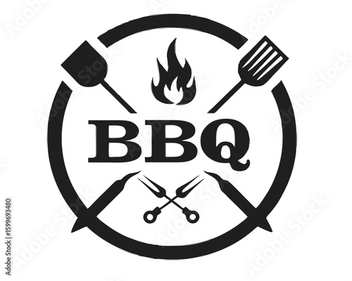 BBQ letters stand boldly within a circle framed by spatula, flame, fork emblem