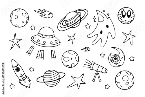 Celestial Sketch: A charming illustration of celestial bodies, featuring whimsical planets, playful stars, and intriguing space-themed elements, all rendered in a clean, engaging style.