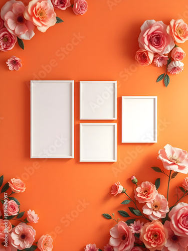 Elegant gallery wall mockup with four blank white picture frames on a vibrant orange background adorned with pink paper flowers.