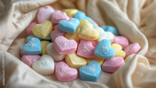 Heart shaped candy valentines day sweets pastel colors love romance celebration confectionery treats dessert