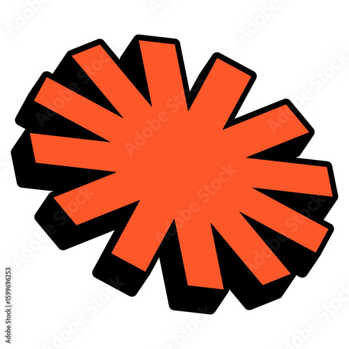 3D orange starburst icon in a retro comic style. Vector illustration of a bold extruded asterisk or sun shape