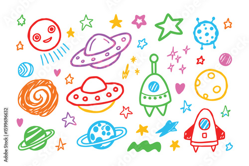 Celestial Doodle: A whimsical array of hand-drawn celestial bodies, including planets, stars, and extraterrestrial vessels, rendered in a vibrant, playful style.