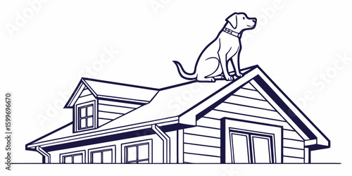 Minimal vector artwork of a  Sitting pet dog on the top of house vector illustration.