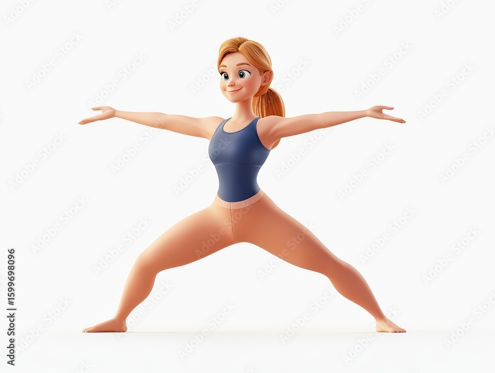 3d stretching sportswear cartoon concept. Animated woman performing a yoga pose with outstretched arms. 3d stretching sportswear cartoon concept. Animated woman performing a yoga pose with outstretched arms.
