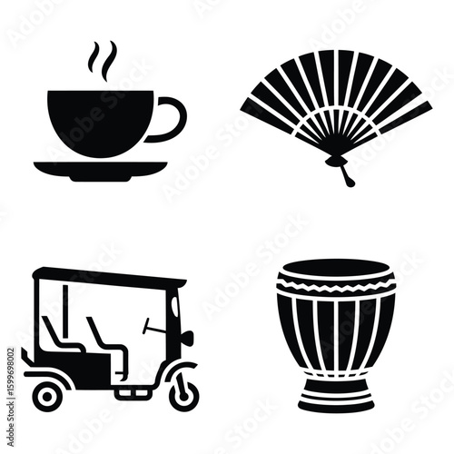 Black icons of a steaming coffee cup a fan a tuk and a drum saucer folding fan