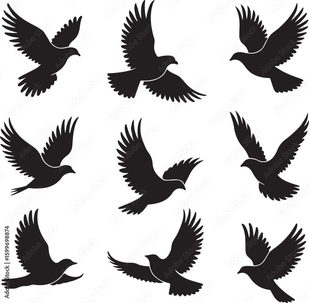 Obraz premium Elegant Silhouette Collection of Peaceful Doves Symbolizing Harmony, Freedom, and Hope Soaring with Grace in a Minimalist Design