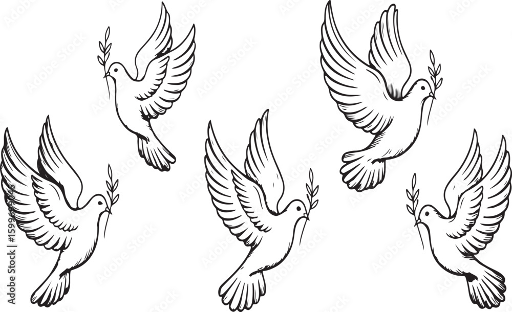 Obraz premium Peaceful Doves in Flight A Symbol of Hope and Harmony with Olive Branch Black and White Graphic Illustration