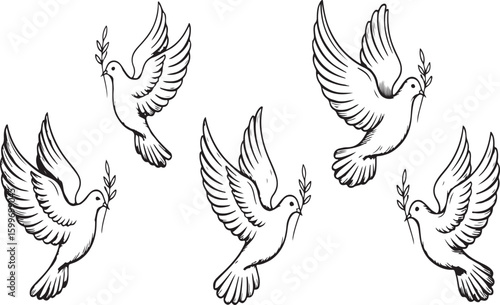 Peaceful Doves in Flight A Symbol of Hope and Harmony with Olive Branch Black and White Graphic Illustration